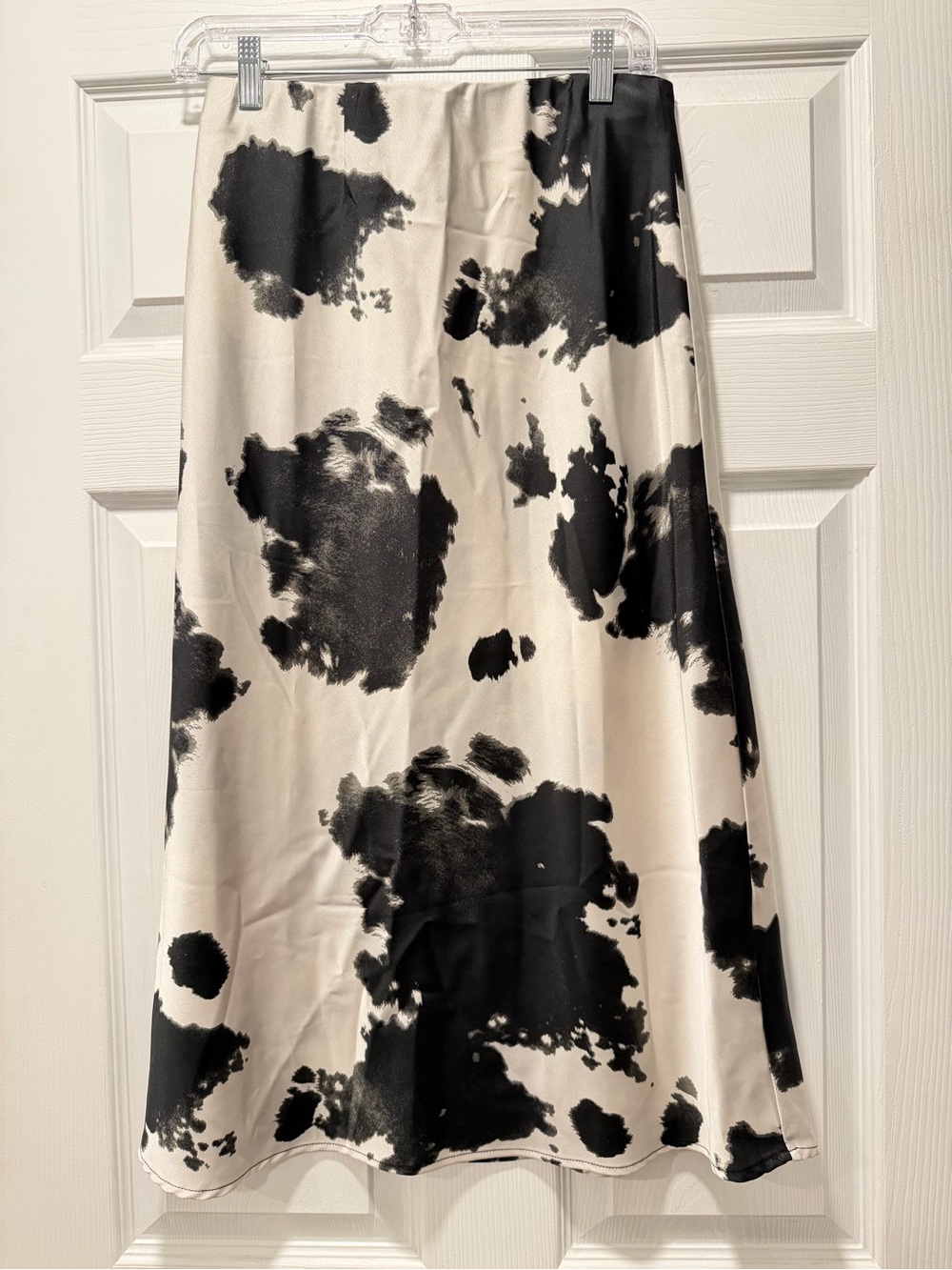 Renee C. Black & White Cow-Print Satin Midi Skirt